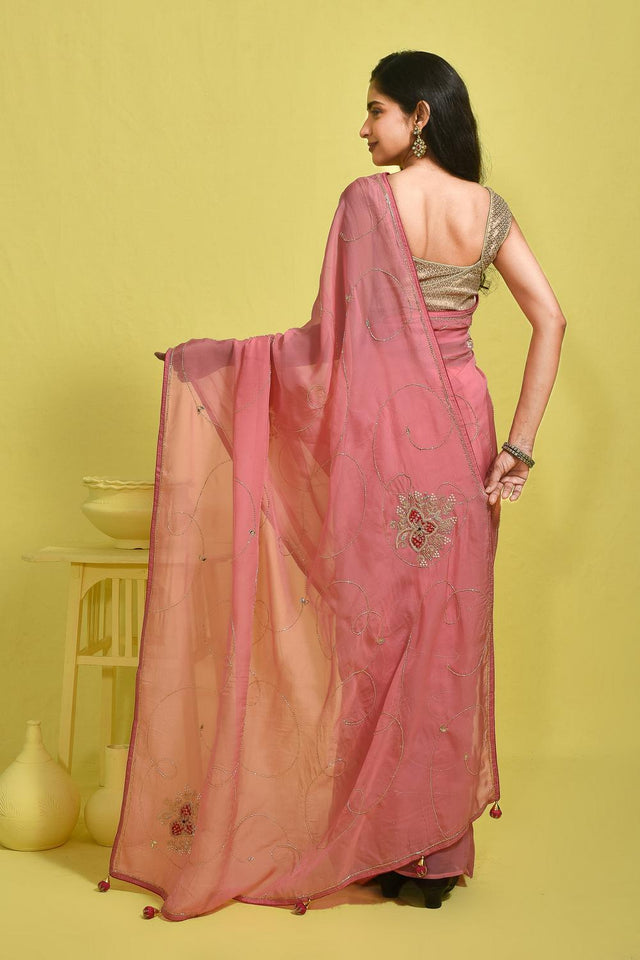 Pink Floral Embroidered Silk Blend Saree (RBMPPZ6B3731)