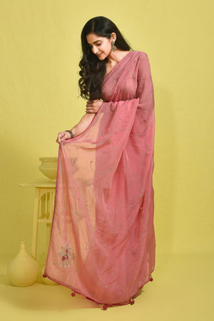 Pink Floral Embroidered Silk Blend Saree (RBMPPZ6B3731)