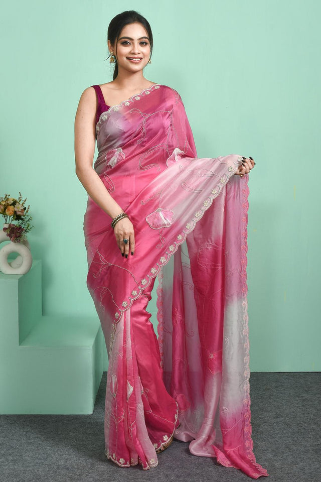 Pink Sequin & Beads Embossed Silk Blend Saree (RBMPWZ6C3816)