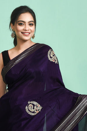 Violet Beads & Stone Embossed Silk Blend Saree (RBMQQZ6C3788)
