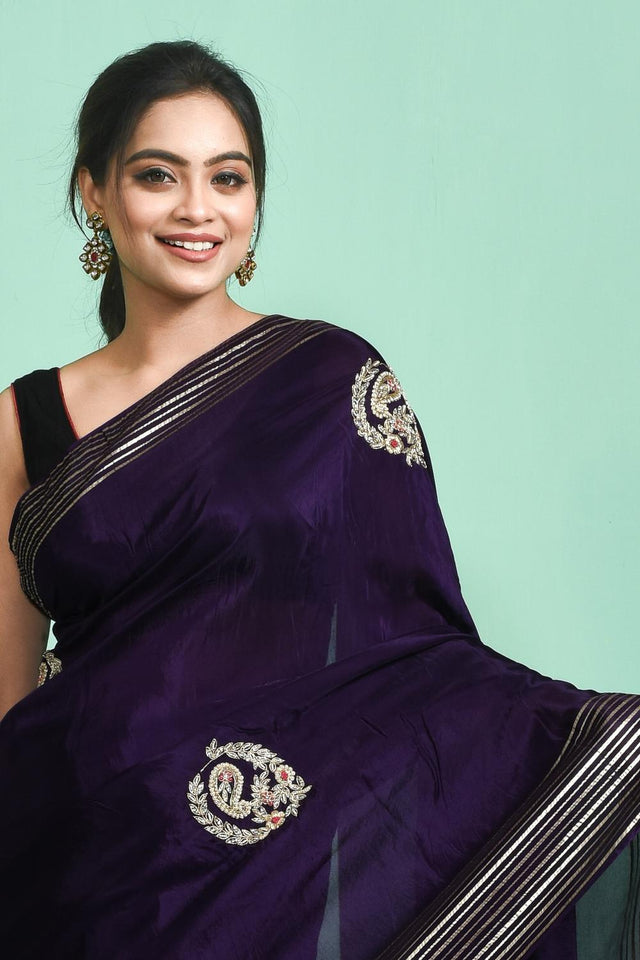 Violet Beads & Stone Embossed Silk Blend Saree (RBMQQZ6C3788)