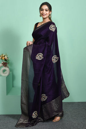 Violet Beads & Stone Embossed Silk Blend Saree (RBMQQZ6C3788)