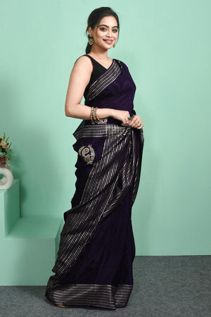 Violet Beads & Stone Embossed Silk Blend Saree (RBMQQZ6C3788)