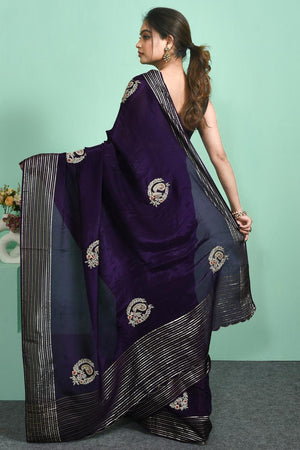 Violet Beads & Stone Embossed Silk Blend Saree (RBMQQZ6C3788)