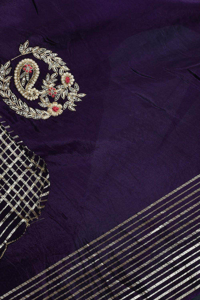 Violet Beads & Stone Embossed Silk Blend Saree (RBMQQZ6C3788)