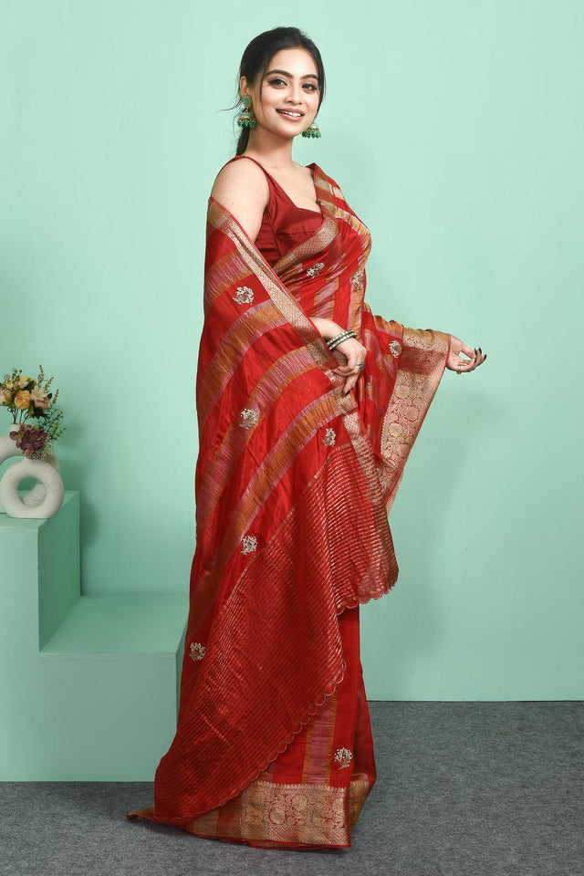 Red Woven Silk Blend Saree (RBMRRZ6C3829)