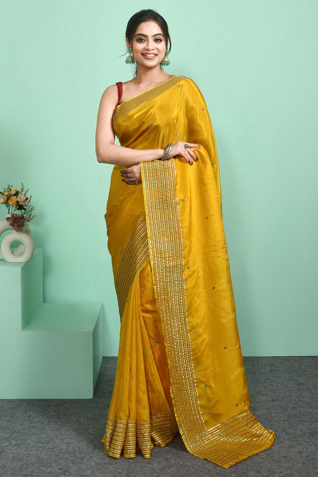 Yellow Embroidered Silk Blend Saree (RBMYRZ6C3836)