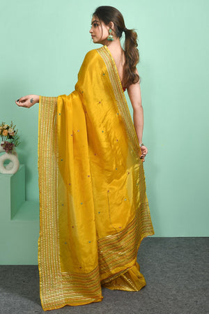 Yellow Embroidered Silk Blend Saree (RBMYRZ6C3836)