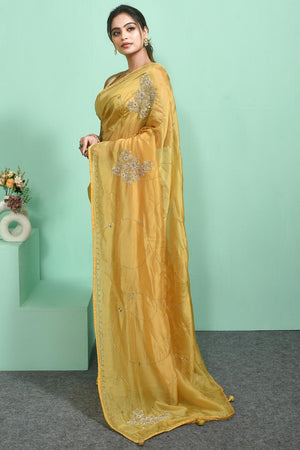 Yellow Beads & Stone Embossed Silk Blend Saree (RBMYYZ6C3783)