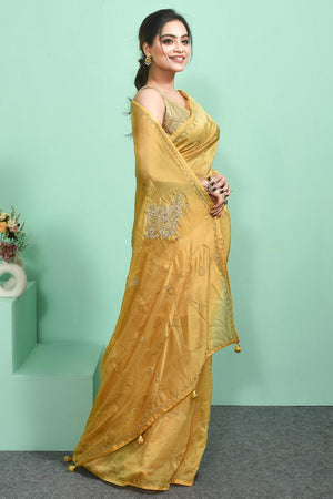 Yellow Beads & Stone Embossed Silk Blend Saree (RBMYYZ6C3783)
