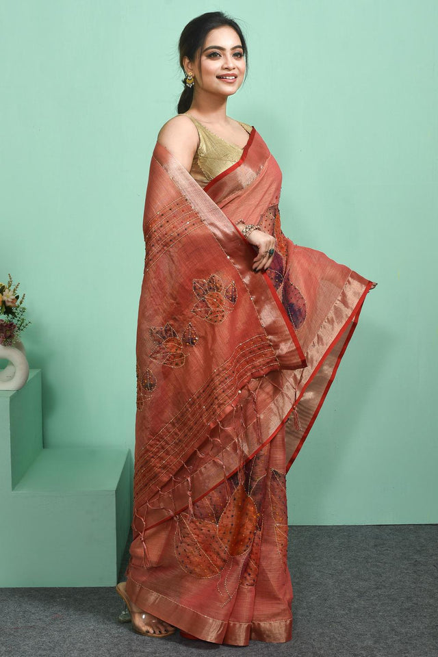Peach Embroidered Linen Blend Saree (RBUHHN6C3787)