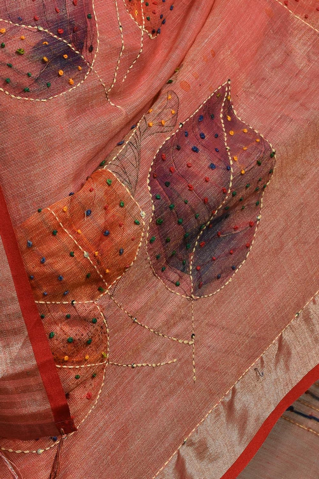 Peach Embroidered Linen Blend Saree (RBUHHN6C3787)