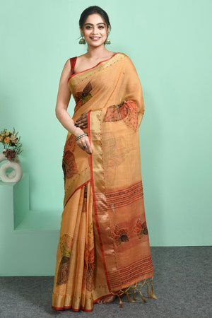 Yellow Embroidered Linen Blend Saree (RBUYYN6C3820)