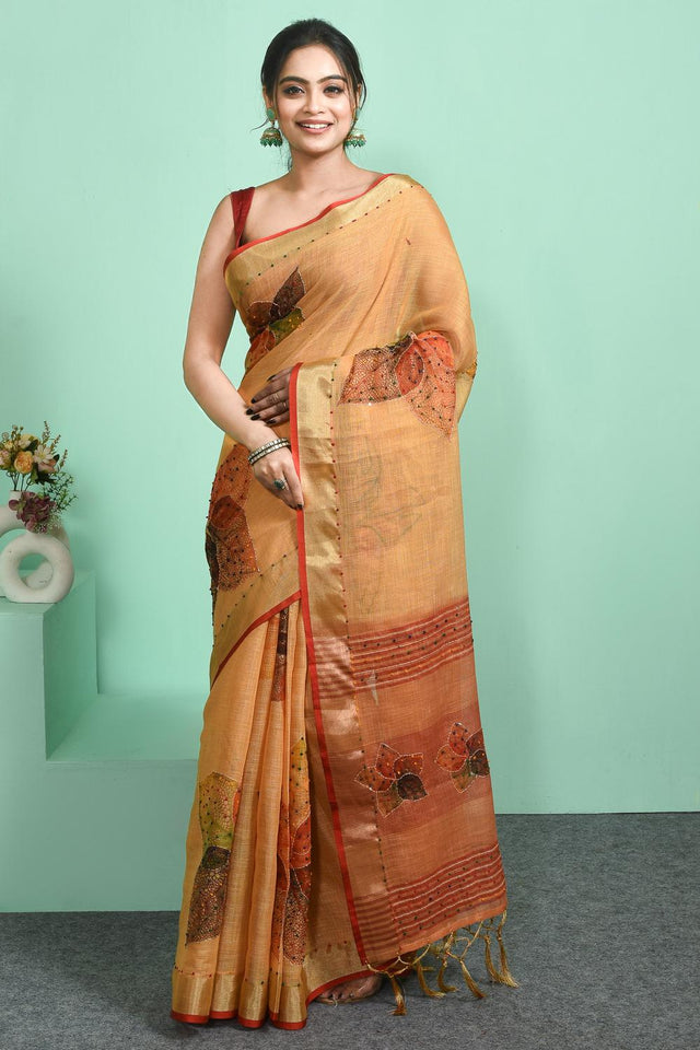 Yellow Embroidered Linen Blend Saree (RBUYYN6C3820)
