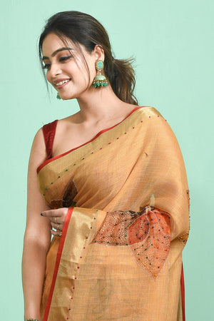 Yellow Embroidered Linen Blend Saree (RBUYYN6C3820)