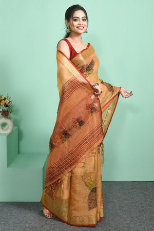 Yellow Embroidered Linen Blend Saree (RBUYYN6C3820)
