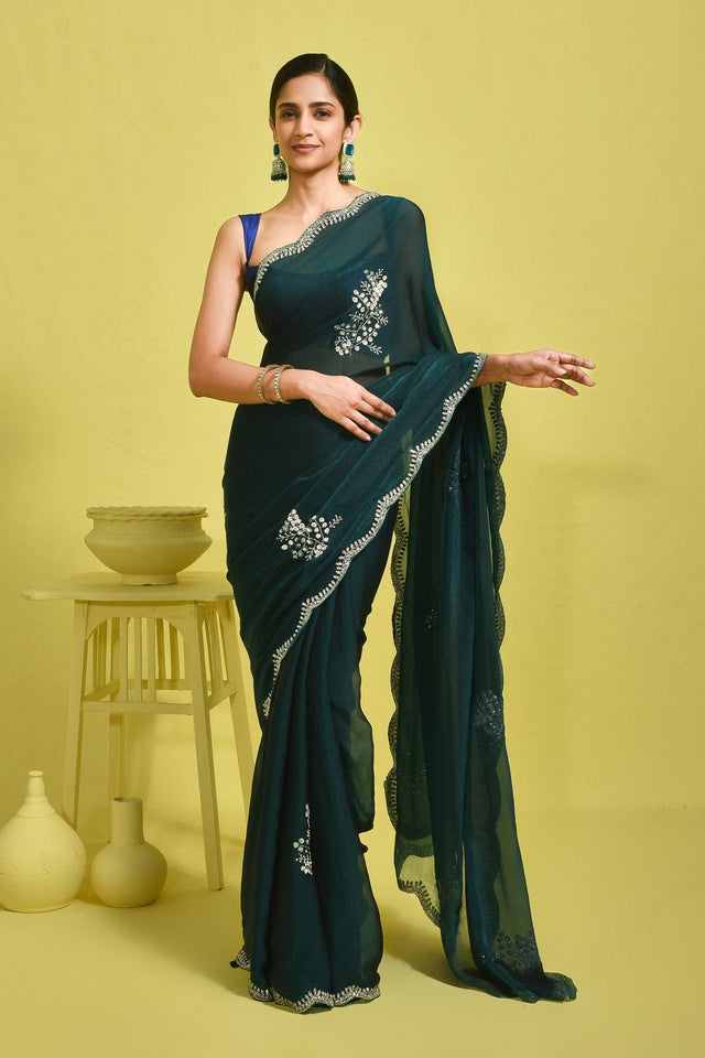 Green Sequin with Embroidered Tissue Saree (RDIGGW6B3742)