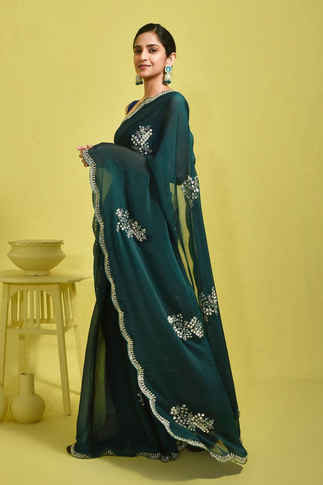 Green Sequin with Embroidered Tissue Saree (RDIGGW6B3742)
