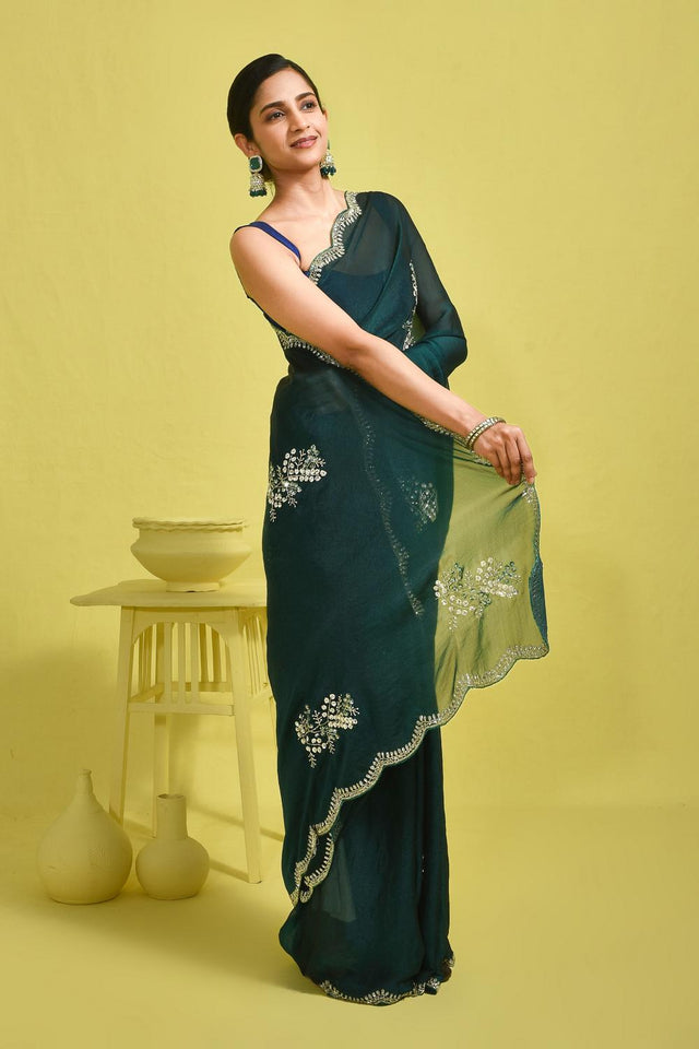 Green Sequin with Embroidered Tissue Saree (RDIGGW6B3742)