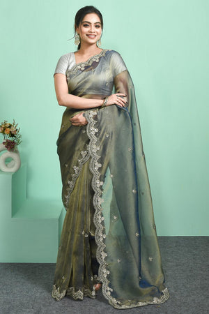 Green Sequin & Beads Embossed Tissue Saree (RDIGGZ6C3834)