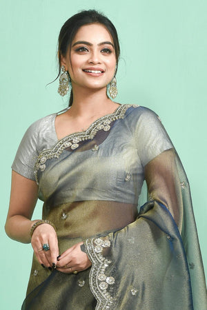 Green Sequin & Beads Embossed Tissue Saree (RDIGGZ6C3834)