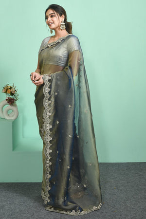 Green Sequin & Beads Embossed Tissue Saree (RDIGGZ6C3834)