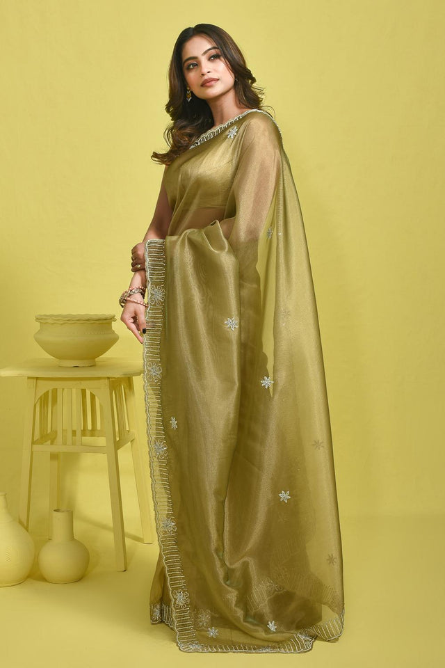 Green Beads & Stone Embossed Tissue Saree (RDIGGZ6C3842)