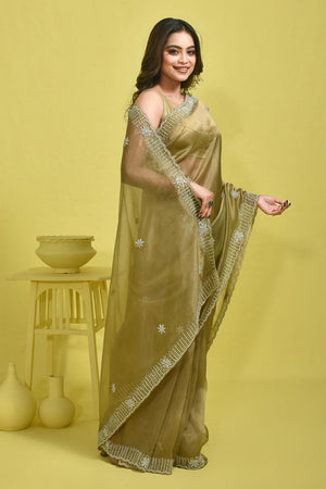 Green Beads & Stone Embossed Tissue Saree (RDIGGZ6C3842)