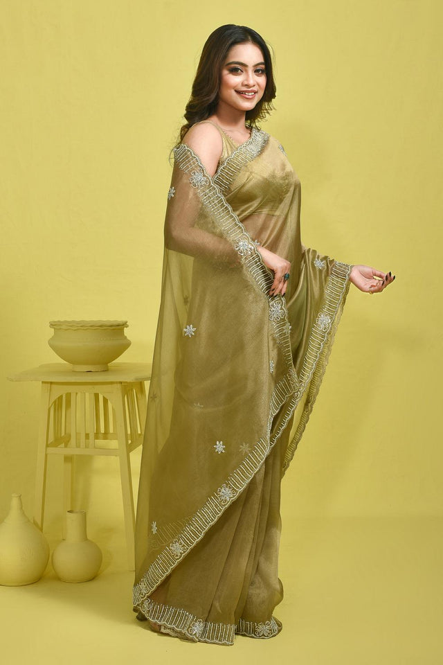Green Beads & Stone Embossed Tissue Saree (RDIGGZ6C3842)