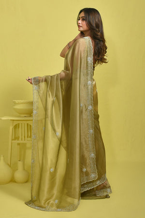 Green Beads & Stone Embossed Tissue Saree (RDIGGZ6C3842)