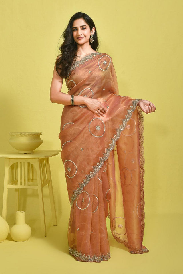 Peach Embroidered Tissue Saree (RDIHHZ6B3725)