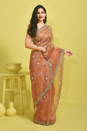 Peach Embroidered Tissue Saree (RDIHHZ6B3725)