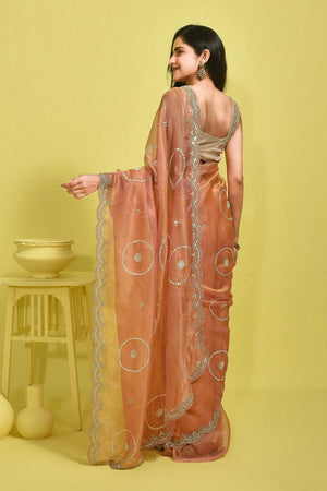 Peach Embroidered Tissue Saree (RDIHHZ6B3725)