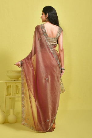 Peach Floral Embroidered Tissue Saree (RDIHHZ6B3726)