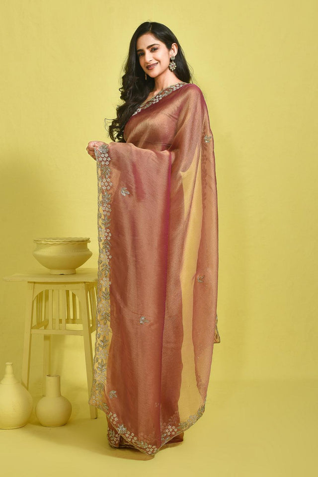 Peach Floral Embroidered Tissue Saree (RDIHHZ6B3726)