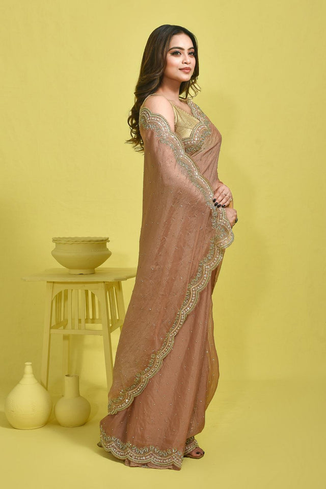 Peach Beads & Stone Embossed Tissue Saree (RDIHHZ6C3772)