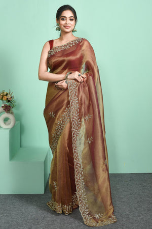 Peach Beads Embossed Tissue Saree (RDIHHZ6C3824)