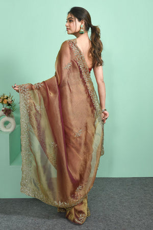 Peach Beads Embossed Tissue Saree (RDIHHZ6C3824)