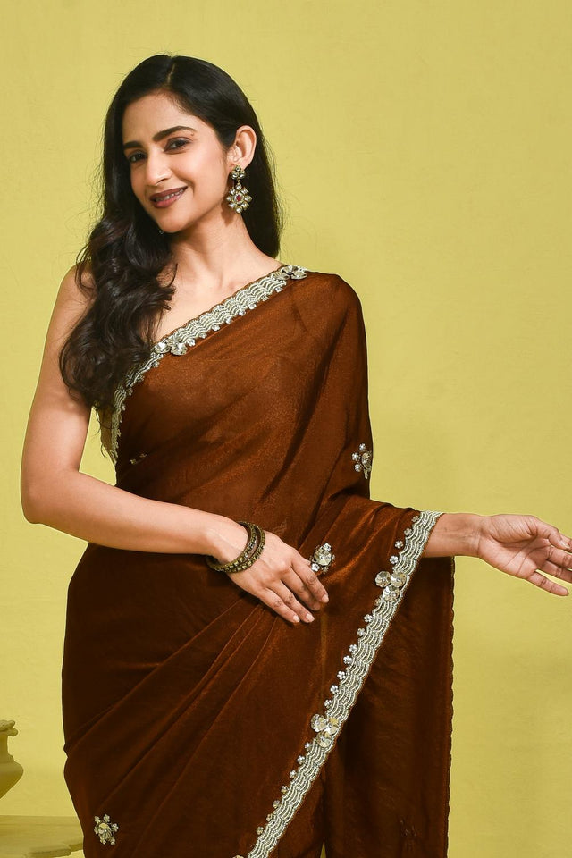 Brown Floral Embroidered Tissue Saree (RDINNZ6B3714)