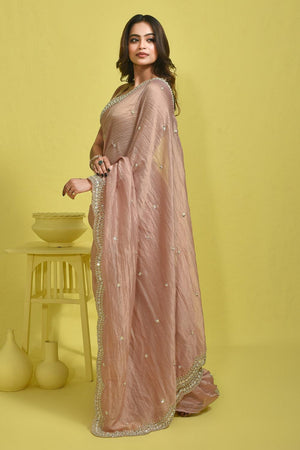 Pink Beads & Stone Embossed Tissue Saree (RDIPPZ6C3779)