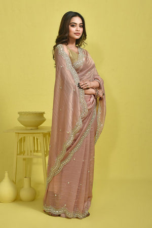 Pink Beads & Stone Embossed Tissue Saree (RDIPPZ6C3779)