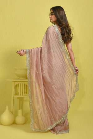 Pink Beads & Stone Embossed Tissue Saree (RDIPPZ6C3779)