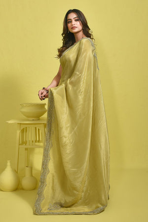 Yellow Beads & Stone Embossed Tissue Saree (RDIYYZ6C3768)