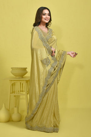 Yellow Beads & Stone Embossed Tissue Saree (RDIYYZ6C3768)
