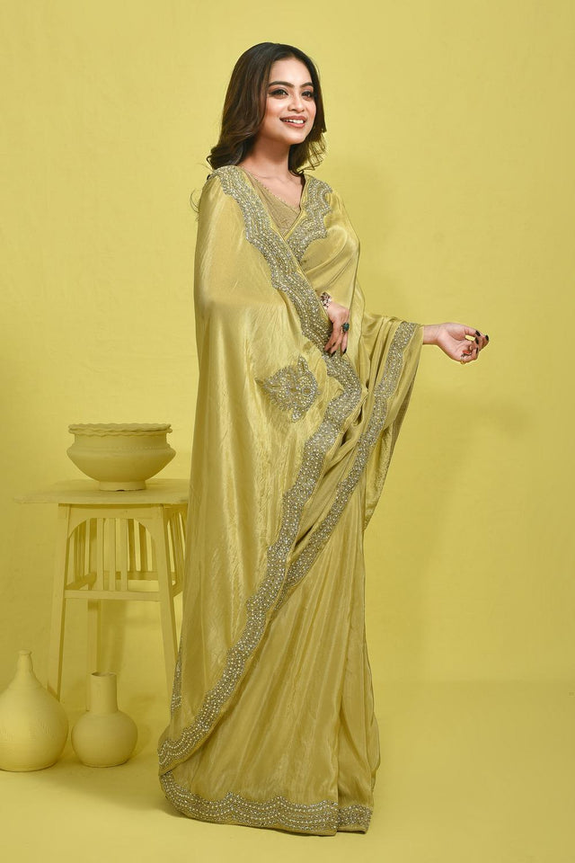 Yellow Beads & Stone Embossed Tissue Saree (RDIYYZ6C3768)