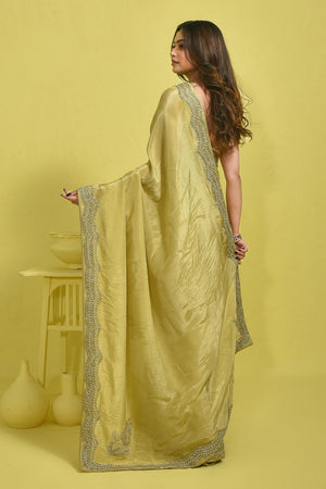 Yellow Beads & Stone Embossed Tissue Saree (RDIYYZ6C3768)