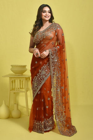 Orange Beads & Stone Embossed Net Saree (RDNOOZ6C3760)