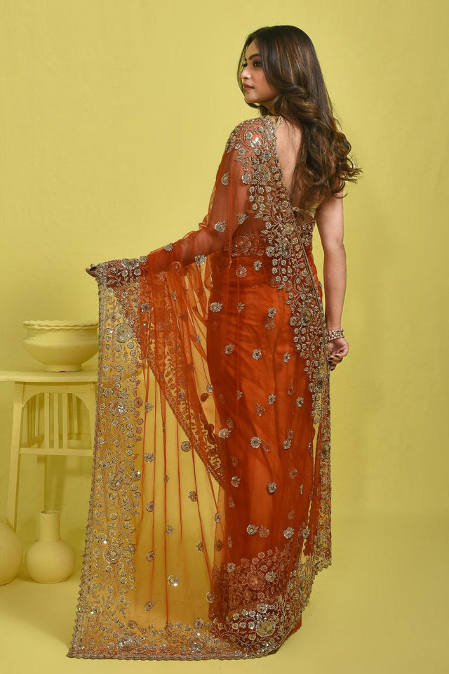 Orange Beads & Stone Embossed Net Saree (RDNOOZ6C3760)