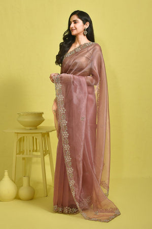 Pink Beads & Stone Embossed Organza Saree (RDOPPZ6B3733)