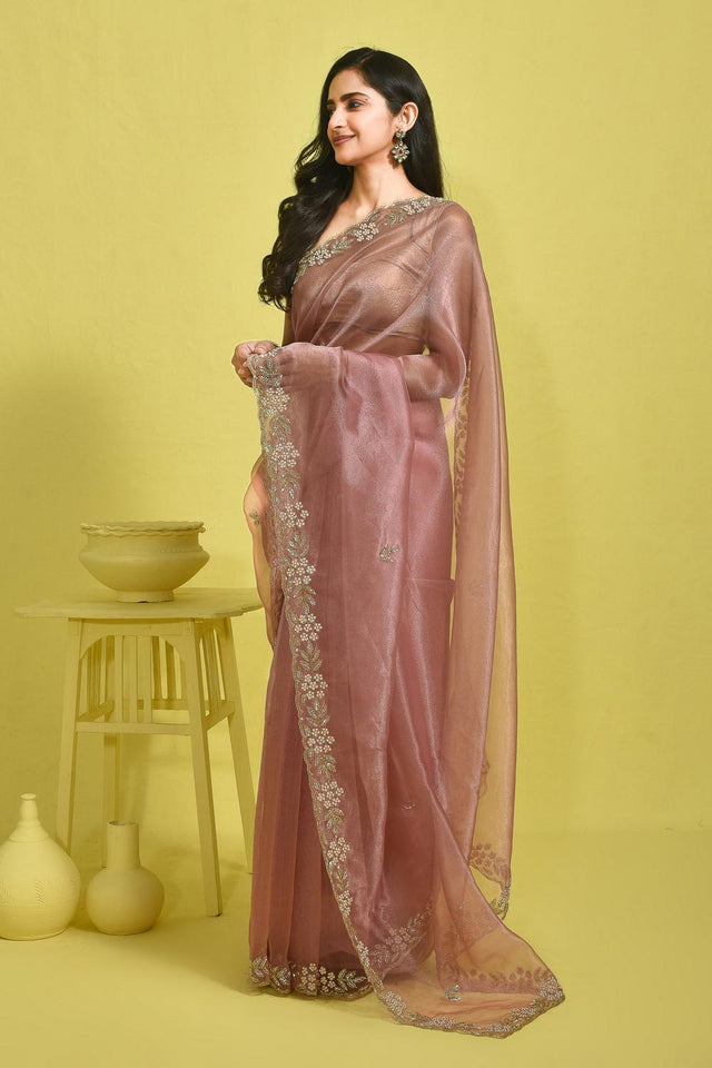 Pink Beads & Stone Embossed Organza Saree (RDOPPZ6B3733)